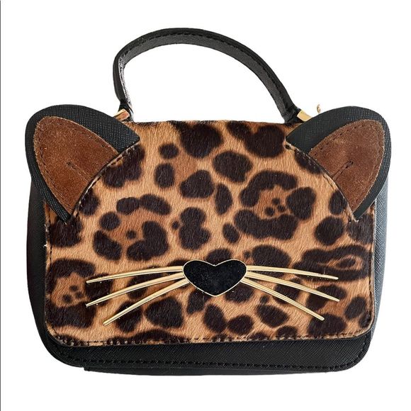 kate spade Handbags - Kate Spade New York Leopard Print Leather Cat Mini Bag Crossbody/Tote Black EUC